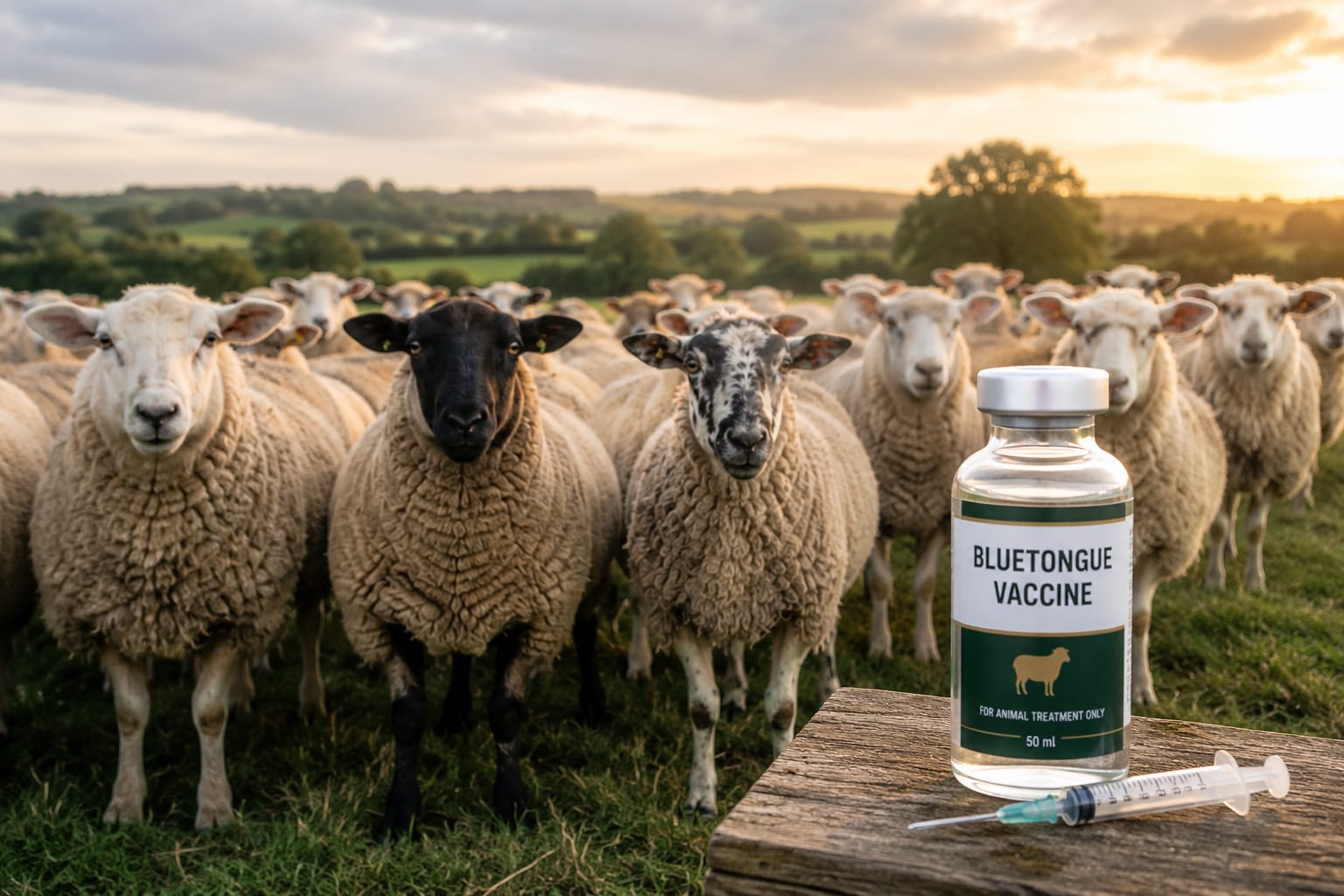 A flock of ewes in the field beside a bottle of Blue tongue vaccine.