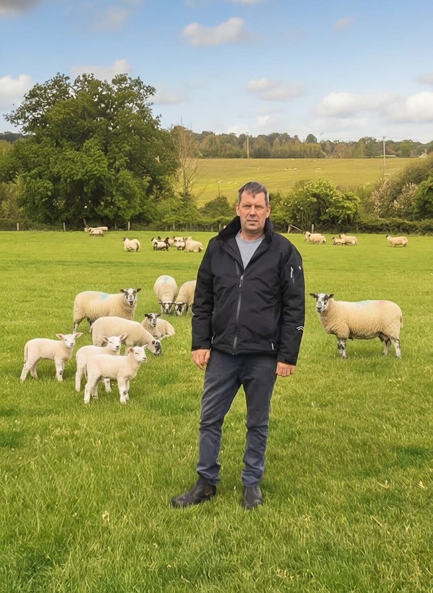 John Wood standing in a field at Merley Hall Farm with North Country Mule ewes and Texel lambs grazing behind him.